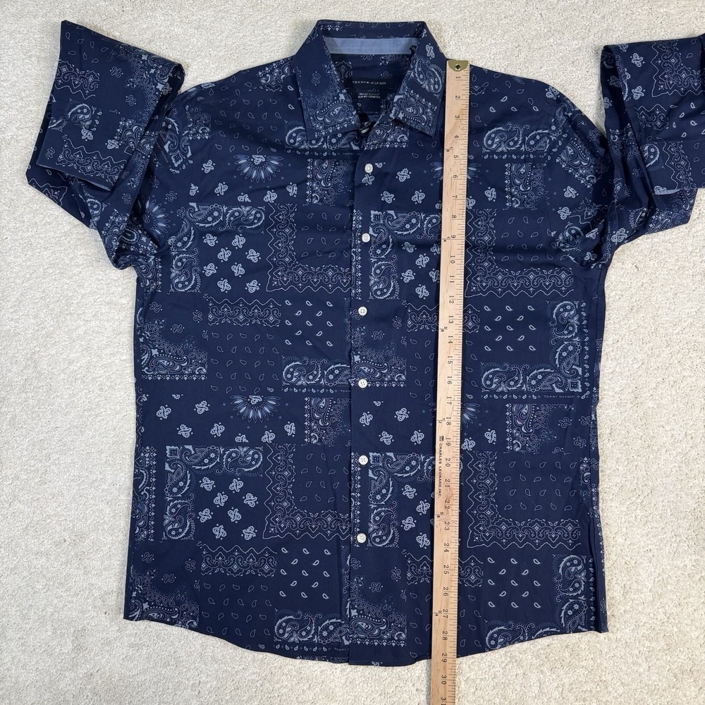 TOMMY HILFIGER Button-Up Shirt Mens Large Slim Fit Blue Cotton Stretch Paisley - Picture 4 of 8